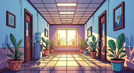 Brightly lit corridor interior with plants offering a serene office ambiance