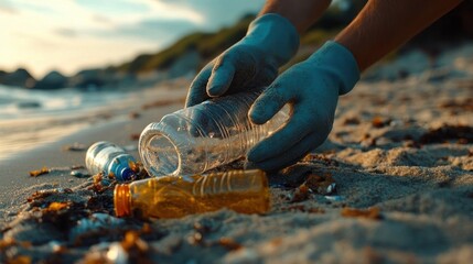 Person wearing blue gloves picking up plastic bottles and litter from a sandy beach during sunset showing environmental cleanup effort