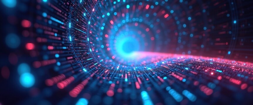 Journey through a futuristic digital wormhole, a glowing vortex of blue and pink light particles symbolizing big data and information technology.