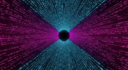 Abstract futuristic background with a digital binary code stream in cyberspace. Big data and technology concept with a central sphere in pink and blue.