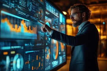Focused man in suit and glasses interacting with large digital display screens showing dynamic data charts and graphs in a dark modern office environment