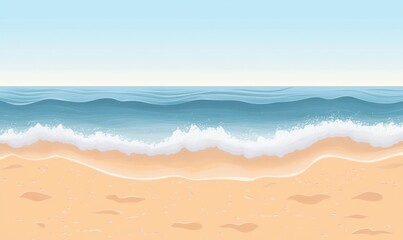 Calm seashore with gentle waves rolling onto sandy beach under clear blue sky