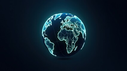 Digital planet Earth with luminous continents. Global communication and futuristic technology network concept on a dark blue background.
