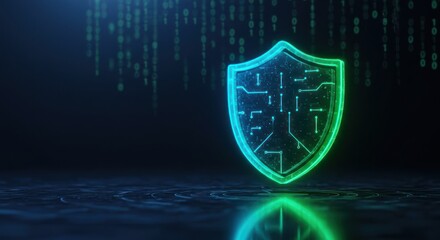 Futuristic cybersecurity concept with a glowing shield icon over a digital background, symbolizing data protection and internet safety.