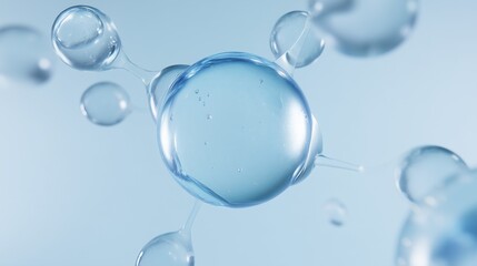 AI-generated 3D render of transparent blue water molecules connected in a chain, symbolizing science, hydration, and purity, with a clean light blue background