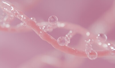 AI-generated 3D render of a transparent DNA double helix with water droplets, set against a soft pastel pink background, representing science, beauty, and biotechnology concepts.