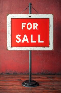 red and white framed signboard with the words for sall on a black metal stand against textured red wall and wooden floor