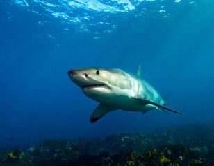 Fototapeta premium Majestic great white shark swimming in the deep blue ocean, a powerful apex predator in its natural underwater habitat