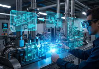 XR, augmented reality, hologram in a factory setting where a technician wearing AR glasses repairs complex machinery with floating holographic instructions, part diagrams, and animated arrows guiding