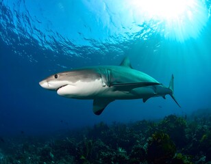 Fototapeta premium Side profile of a majestic Great White Shark swimming gracefully in the deep blue ocean with sunlight shining from the surface.