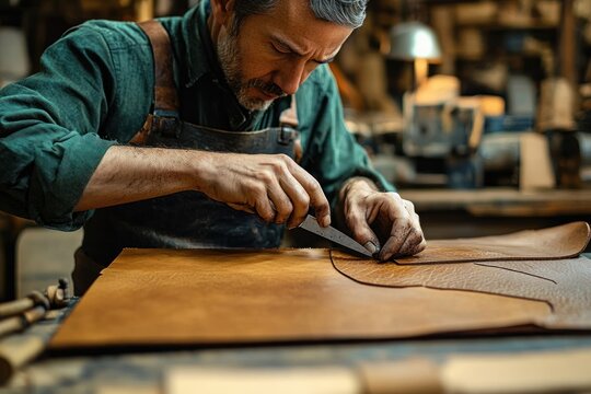 Focused craftsman cutting a leather piece with a sharp tool on a workbench in a workshop environment