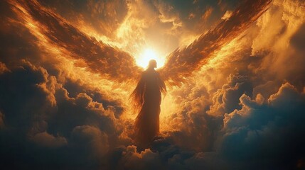 Obraz premium Silhouetted figure with large glowing wings emerging from vibrant golden clouds at sunrise or sunset, evoking awe and divine presence