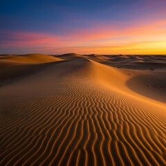 Stunning golden dunes at sunset offer a serene escape, perfect for travel blogs, nature documentaries, or promoting tranquility and adventure in the desert