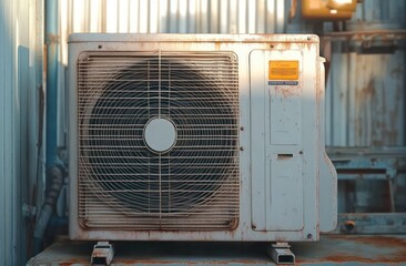 Old rusty industrial air conditioning unit with large fan inside protective metal grille on a metal surface in an industrial setting