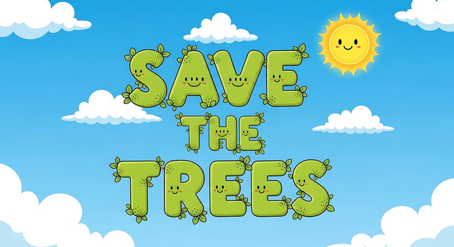 Whimsical illustration promoting environmental conservation with smiling trees, sun, and clouds.