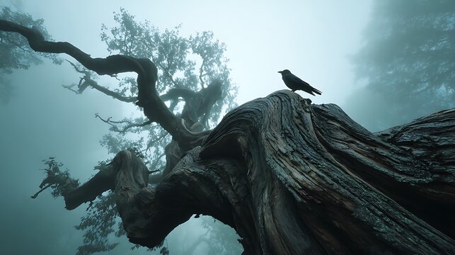 A crow perched atop a gnarled tree trunk in a misty forest with branches reaching into the fog