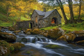Old stone watermill with wooden wheel next to flowing stream in lush green forest during autumn