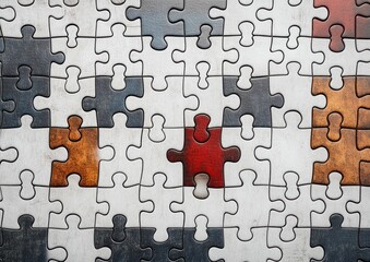 Fototapeta premium Close-up of a partially completed puzzle with one missing piece revealing background and a single red puzzle piece in the center