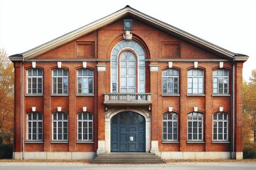 Naklejka premium Symmetrical red brick building with white-framed tall windows, central arched window above large blue double doors and small balcony, set against autumn trees