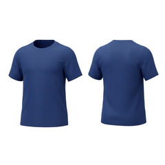 A simple crew neck t-shirt in a deep blue hue is displayed showing both the front and back views for apparel design.