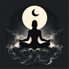 silhouette of a person meditating in lotus position with flowing waves beneath and a large moon with crescent shape above, evoking calm and spiritual stillness