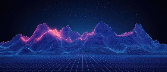 Glowing neon wireframe mountain range with blue grid foreground under starry night sky creating futuristic digital landscape