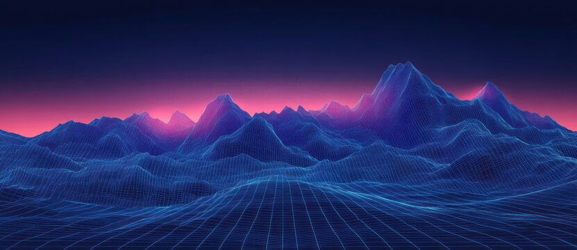 Digital wireframe landscape of mountainous terrain with neon blue grid lines under a vibrant pink and dark blue gradient sky at dusk
