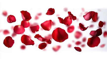 Scattered red rose petals floating and falling gracefully against a white background creating a delicate and romantic atmosphere
