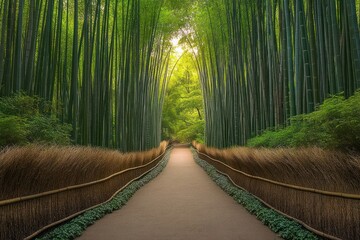 Fototapeta premium Serene pathway through tall green bamboo forest with soft sunlight filtering through the dense foliage