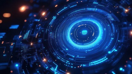 Futuristic glowing blue circular digital interface with intricate circuit patterns and floating light particles suggesting advanced technology