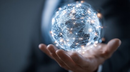 Hand holding glowing, connected, abstract globe. Networks and data flows