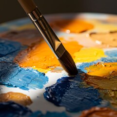 Obraz premium Vibrant paintbrush mixing bold colors on painter's palette for artistic expression and creative projects, a dynamic scene full of warmth and inspiration