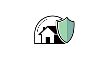 A minimalist vector symbol representing a safe shelter or protection. This geometric design of a house with a shield is a clear visual for public safety messages and hurricane preparedness.
