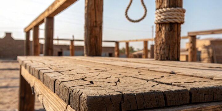 History echoes from a weathered wooden gallows in a deserted old town under the sun
