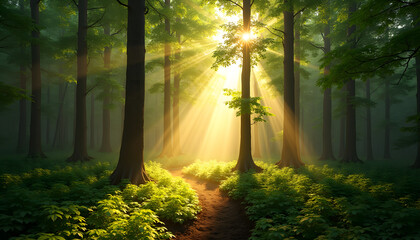 Early morning in a serene forest where sunlight streams through tall trees casting a golden glow over a narrow winding trail covered with lush vegetation