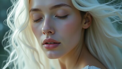 Fototapeta premium A young woman with long flowing blonde hair closes her eyes in a serene outdoor setting