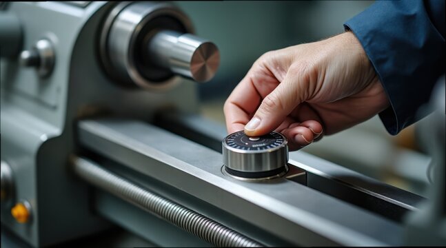 Close-Up of Hand Adjusting Dial on Lathe Machine in Workshop