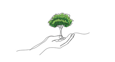 A small sapling tree gently cradled in two open hands, symbolizing care and growth.