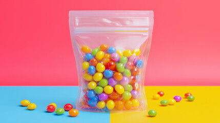 Colorful jelly beans and fruit-flavored candies fill a clear glass jar, a sweet and sugary treat