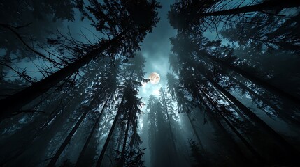 A moonlit forest canopy view with tall trees reaching towards the sky in the dark of night time