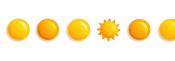 Six yellow circle icons, one sun icon in the middle, representing a rating system or progress indicator