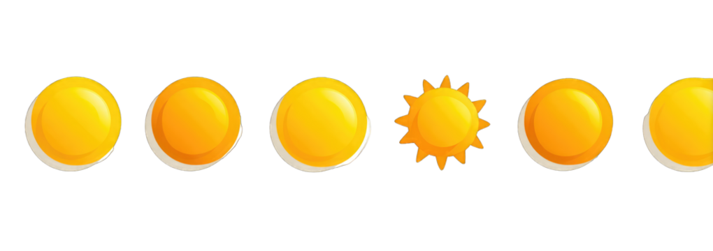 Six yellow circle icons, one sun icon in the middle, representing a rating system or progress indicator