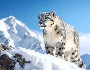 Fototapeta premium Majestic snow leopard (Panthera uncia) standing on a snowy rock in a high altitude mountain range during winter.