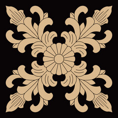 Beautiful symmetrical ornamental foliage design with a central flower is presented.