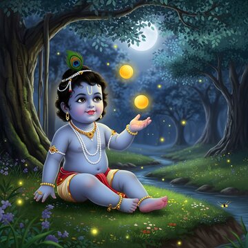 Cute Baby Krishna Playing Under Moonlight in Enchanted Forest