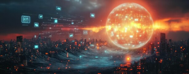 Futuristic cityscape at night illuminated with glowing orange and blue lights featuring a large digital globe surrounded by streaming data and icons