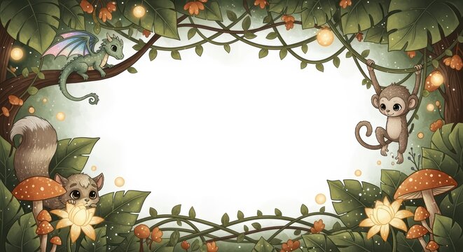 Whimsical Forest Frame with Cute Cartoon Animals and Mushrooms for Children