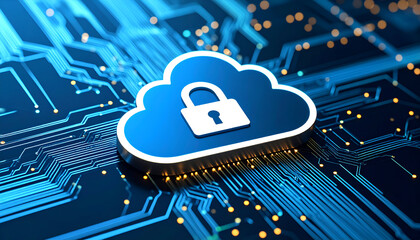Cloud Security Concept with Lock Symbol over Electronic Circuit Background Representing Data Protection in Digital Environment