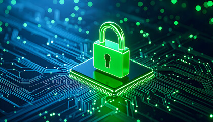 Green Digital Lock Securely Placed on a Microchip Surrounded by Circuitry Representing Cybersecurity and Data Protection