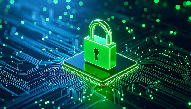 Green Digital Lock Securely Placed on a Microchip Surrounded by Circuitry Representing Cybersecurity and Data Protection